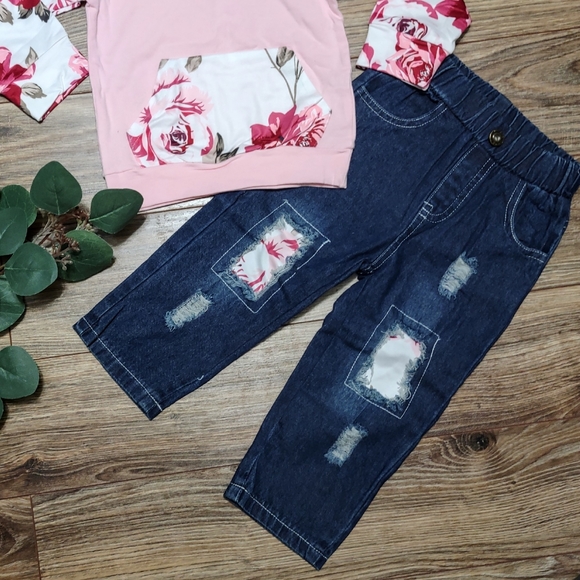 Pink Floral Hoodie + Jeans Toddler Set - Picture 2 of 2